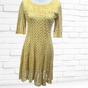Rabbit Rabbit Rabbit Designs Yellow Crochet Lace Fit and Flare Dress 3/4 Sleeve